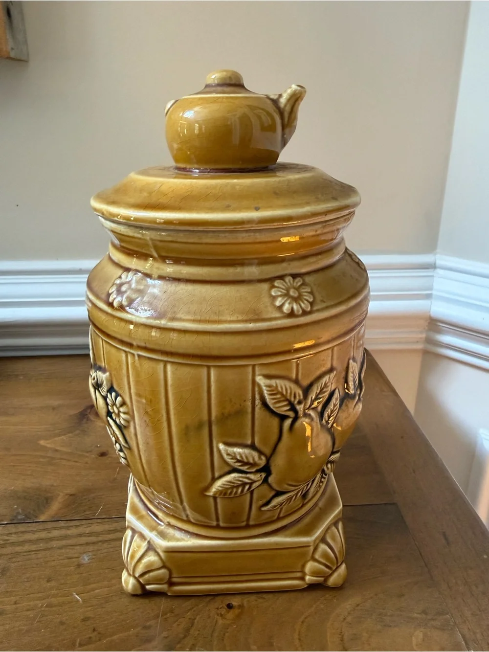 Vintage 1970s Marigold Ceramic pot-belly stove Canister with Fruit and Tea Motif